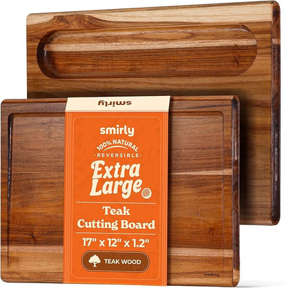Smirly Reversible 17" Large Teak Cutting Board for Kitchen - 1.2"Th Heavy Duty Real Wood Cutting Board with Deep Juice Groove - Reversible Wooden Cutting Board for Multiple Uses - Only 1 Piece