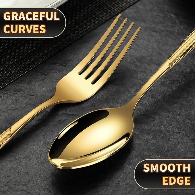 Lemeya 30-Piece Hammered Gold Silverware Set for 6 with Serrated Forging Knives,18/10 Stainless Steel Modern Flatware Set,Unique Cutlery Set,Mirror Polished,Dishwasher Safe