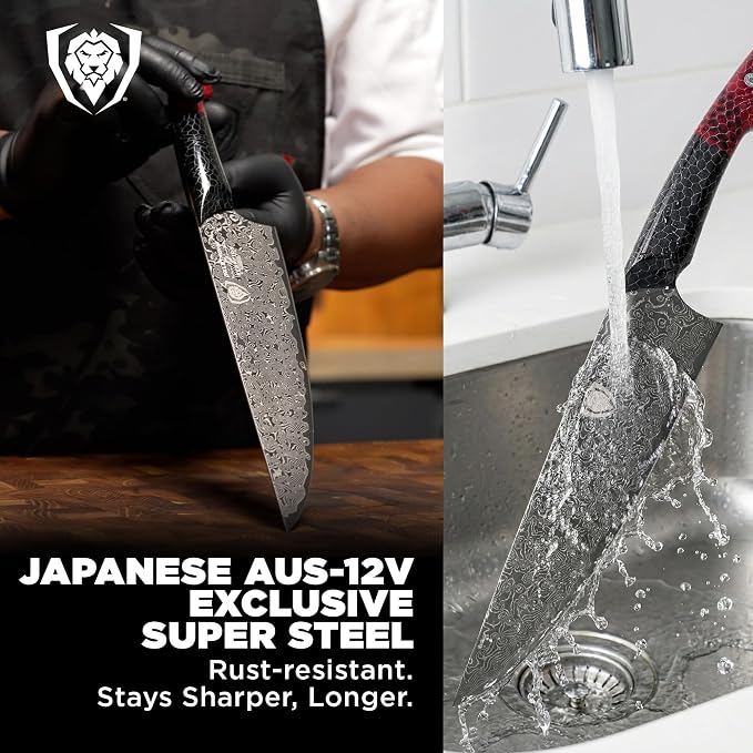 Dalstrong Chef Knife - 9.5 inch Blade - AUS-12V Exclusive Japanese Steel - Black Damascus Full Tang - Honeycomb Handle - Chef's Knife - Scorpion Series - Razor Sharp Kitchen - Leather Sheath