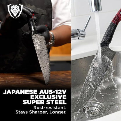 Dalstrong Chef Knife - 9.5 inch Blade - AUS-12V Exclusive Japanese Steel - Black Damascus Full Tang - Honeycomb Handle - Chef's Knife - Scorpion Series - Razor Sharp Kitchen - Leather Sheath