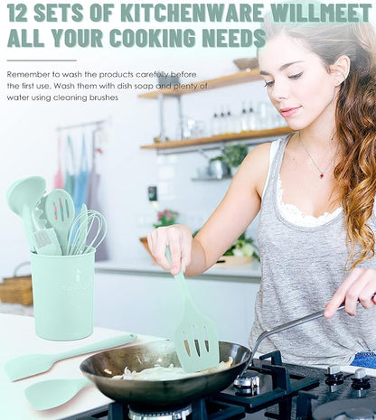 Kitchen Utensils Set-12 Pieces Silicone Cooking Utensils Set (Dishwasher Safe) 392°F Heat Resistant Spatula Set,Kitchen Utensil Set for Nonstick Cookware,Best Kitchen Tools with Holder