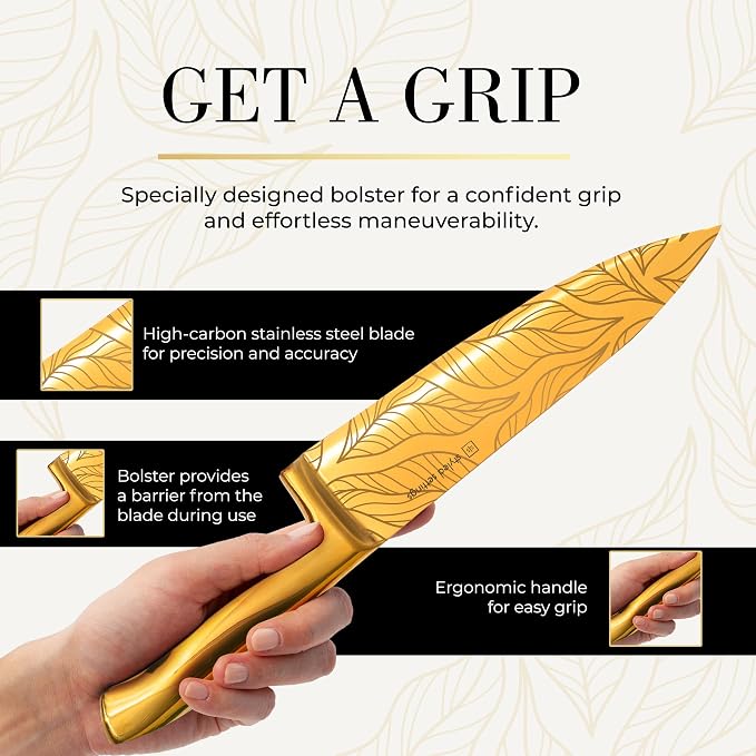 Gold Knife Set For Kitchen -14-Piece Titanium-Coated Blades with Etched Leaves Pattern, Ultra-Sharp Stainless Steel, Durable & Stylish Kitchen Knife Block Set