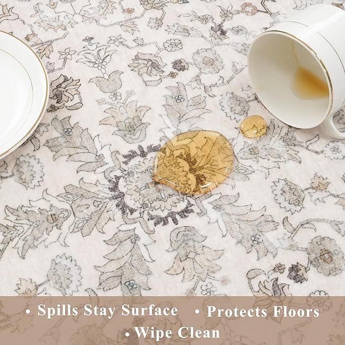 4x8 Rug Washable for Entryway Kitchen – Non-Slip Rubber Backed Area Rug for Hallway Bedroom Living Room Office,Boho Floral Low Pile Thin Floor Indoor Mat (Beige,4x8)