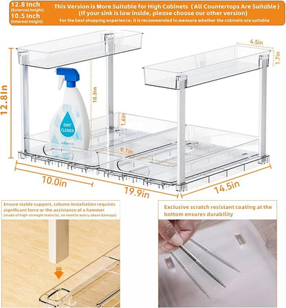 Yieach 2 Pack 14.6″ Deep Pull Out Under Sink Organizer,12.8″ High 2 Tier Slide Out Cabinet Organizer for Kitchen Cabinet,Undersink Organizers,Under Sink Shelves,Bathroom Organizers and Storage,Clear