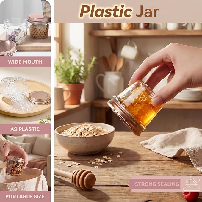 novelinks 4 oz Small Plastic Jars with Lids, 20 Pack Mini Plastic Mason Jars with Lids 4oz, Craft Storage Containers & Canning Jars & Small Spice Jars for Kitchen Organization (20 Pack,Rose Gold)