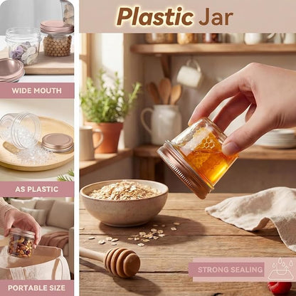 novelinks 4 oz Small Plastic Jars with Lids, 20 Pack Mini Plastic Mason Jars with Lids 4oz, Craft Storage Containers & Canning Jars & Small Spice Jars for Kitchen Organization (20 Pack,Rose Gold)