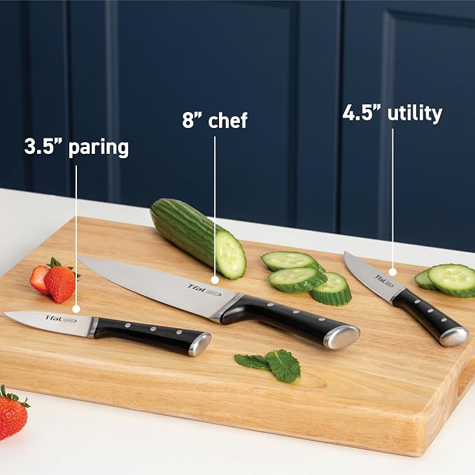 T-fal Ice Force German Stainless Steel Chef knife, Utility knife, Paring knife, 3 Piece, Long Lasting Sharpness, High Cutting Precision, Superior Durability, Ultra Sharp, Cookware Kitchen Knife, Black