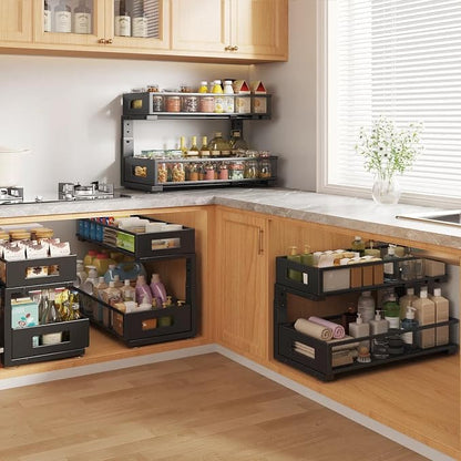 2 Packs 21IN Depth Under Sink Organizer, 2-Tier Pull Out Cabinet Organizer With Smooth Circular Rail, Large Capacity Metal Mesh Sliding Drawers For Bathroom& Kitchen Storage,Height Adjustable-Black