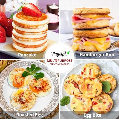 Puyeipt 2 Pack Air Fryer Muffin Top Pans, 4 Inch Jumbo Silicone Egg Molds for Breakfast Sandwiches, Egg Bites, Hamburger Buns, Tart, Pancake