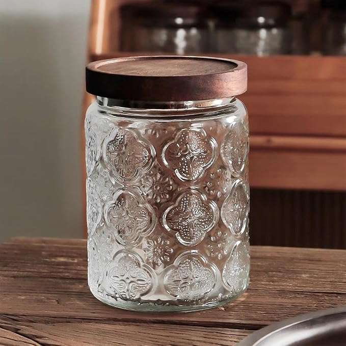 Custde Glass Storage Jars With Airtight Lid, 23.7oz Container For Kitchen Counter with Wooden Lid, brown sugar, candy, coffee, cookie, salt, tea, cute Jar (Begonia Flowers*1)