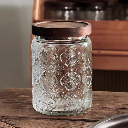 Custde Glass Storage Jars With Airtight Lid, 23.7oz Container For Kitchen Counter with Wooden Lid, brown sugar, candy, coffee, cookie, salt, tea, cute Jar (Begonia Flowers*1)