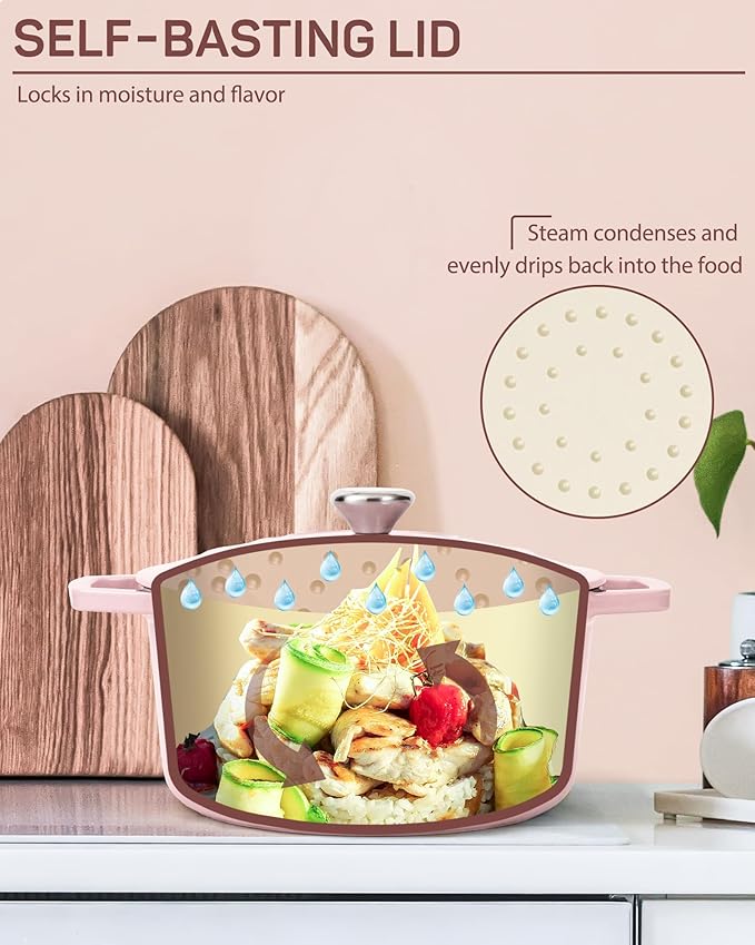 Ciwete 6 QT Dutch Oven Pot with Lid, Enameled Cast Iron Dutch Oven for Bread Making, Braiser, Cooking, Dual Handles, Oven Safe up to 500° F or on Stovetop, Gifts for Family - Pink