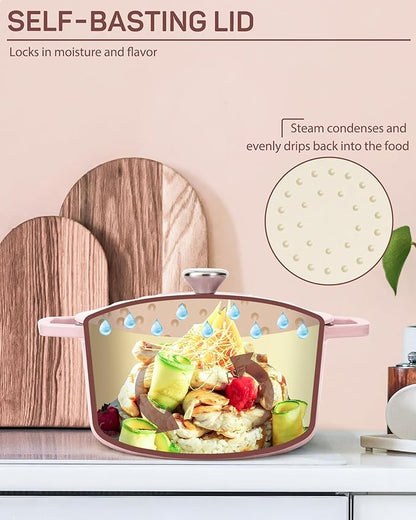 Ciwete 6 QT Dutch Oven Pot with Lid, Enameled Cast Iron Dutch Oven for Bread Making, Braiser, Cooking, Dual Handles, Oven Safe up to 500° F or on Stovetop, Gifts for Family - Pink