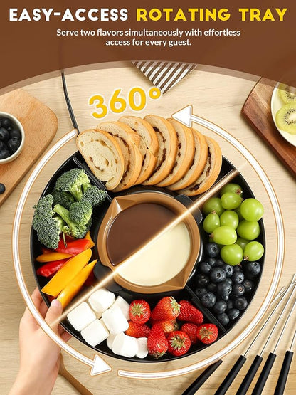 LUSHYUM Chocolate Fondue Pot Set Electric Melting Machine, 4-Cup Capacity 4 Trays 6 Forks 1 Spatula Cheese Warmer, Ideal Gift for Couple Family & Date Night Idea House Warming Holidays, Black