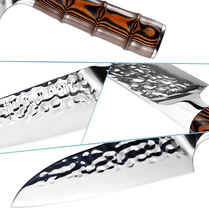 5.5" Santoku Knife, Pro Chefs Kitchen Knives, HC Stainless Steel, Hammered Ultra Sharp Blade, Bamboo Shape Handle Cooking Cutlery 2025 Gifts for Home & Restaurant
