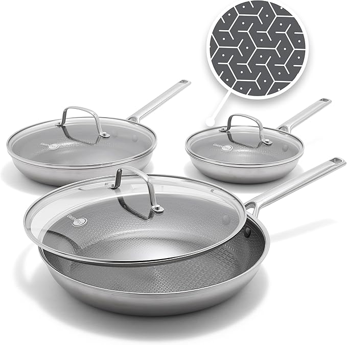 GreenPan Hybrid 6-Piece Frying Pan Set (8, 10, 12-inch Skillets with Glass Lids), Ceramic Nonstick with Tri-Ply Stainless Steel, Induction & All Cooktop Compatible, Dishwasher & Oven Safe, Silver