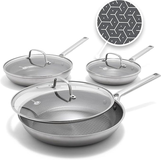 GreenPan Hybrid 6-Piece Frying Pan Set (8, 10, 12-inch Skillets with Glass Lids), Ceramic Nonstick with Tri-Ply Stainless Steel, Induction & All Cooktop Compatible, Dishwasher & Oven Safe, Silver
