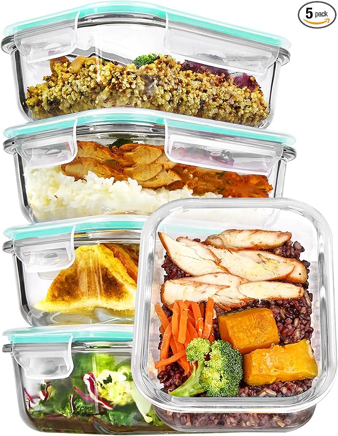 Vtopmart 5Pack 22oz Glass Storage Containers with Lids, Glass Meal Prep Food Container Sets with Snap Airtight Lid for Microwave, Oven, Freezer and Dishwasher, Green