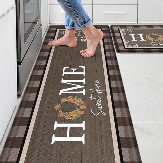 Kitchen Rugs, 2 PCS Kitchen Mats for Floor, Cushioned Non-Slip Anti Fatigue Mats for Kitchen Floor, Kitchen Runner Rugs for Standing Desk, Office, Laundry(17.3’’x 30’’+ 17.3’’x 70’’, Brown