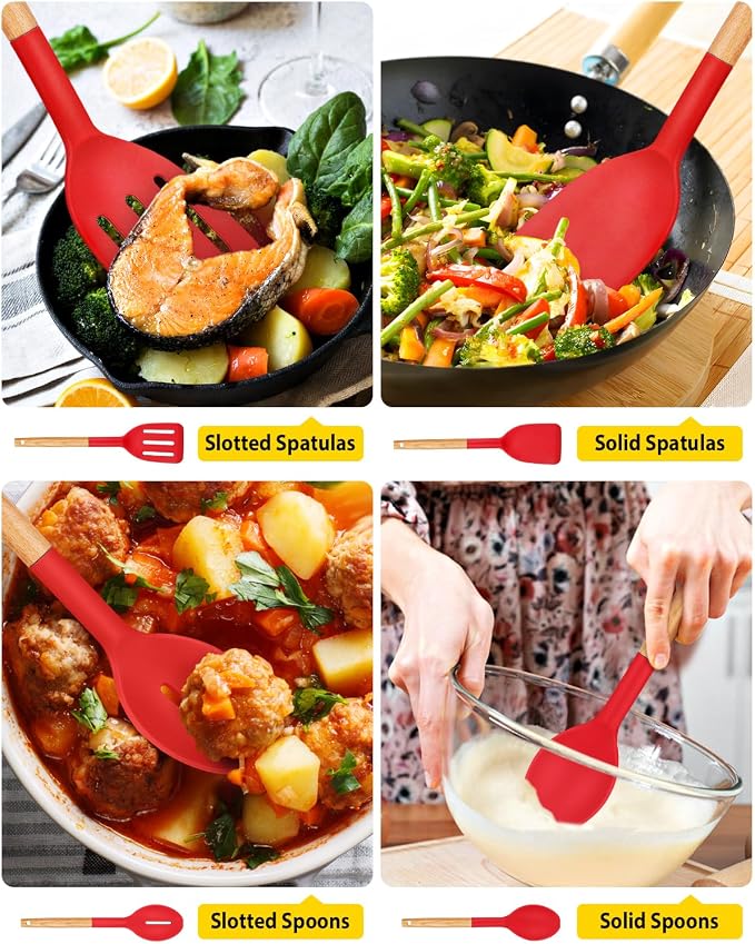 Pack of 4 Silicone Cooking Utensils Set, Non Stick Solid Spatulas and Heat Resistant Slotted Spoons with Wooden Handle, Ideal Wood Kitchen Utensils Set for Frying,Serving,Turning,Stirring (RED)