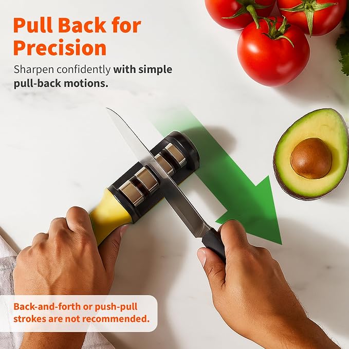 IMUSA Knife Sharpener – Kitchen Knife Sharpener with 3-Stage Stainless Steel Blade Sharpener Design – Easy to Use, Ergonomic Manual Knife Sharpening Kit with Non-Slip Base (Yellow)