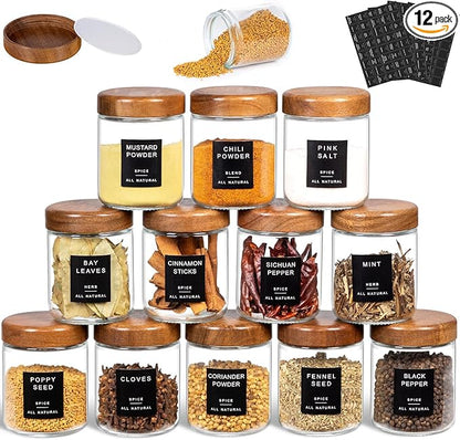 Yangbaga Glass Spice Jars with Labels: 12pc 8oz Round Seasoning Storage Containers with lid,Pepper Grinder,Funnel; Empty Spice Organizer Bottles for Kitchen Rack Drawer Cabinet