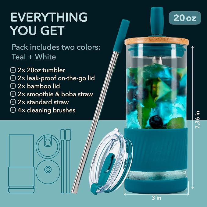 Pandaloo® Glass Cups With Lids and Straws -20 Fl Oz- Perfect Size Iced Coffee Cup - Smoothie Cup With Bamboo Lid and On the go Lid - Glass Tumbler (2 Count (Pack of 1), Coton White-Intense Teal)