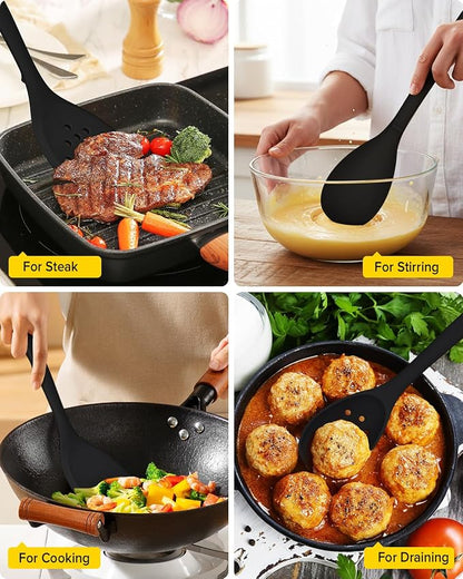 Silicone Cooking Utensils Set, 9 Pcs Heat Resistant Kitchen Utensils with Back Hooks, BPA Free Kitchen Tools with Spatulas, Spoons, Skimmer and Pasta Fork for Non Stick Cookware (BLACK)