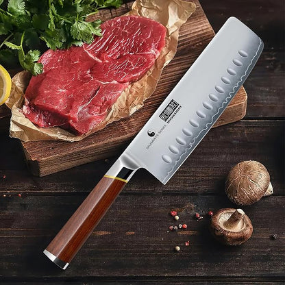 HOSHANHO Nakiri Knife 7 Inch, Hand Forged Japanese High-corbon Steel Chef Knife, Multipurpose Meat and Vegetable Kitchen Knife with Red Sandal Wooden Handle & Gift Box