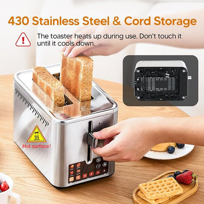 Touch Screen Electric Toaster 2 Slice, Stainless Steel Smart Toaster with Digital Timer, 1.38" Extra-Wide Slots for Bread& Bagel, Great for Home, Office,Dorm