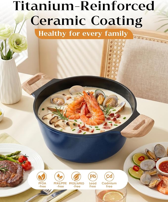 FDN Titanium Ceramic Cooking Pot with Lid, Pfos & Pfoa Free Nonstick Stock Pot, Large Soup Pot, Big Pots for Cooking, Multipurpose Cookware, Ollas Antiadherentes Para Cocinar, Cacerolas, Blue