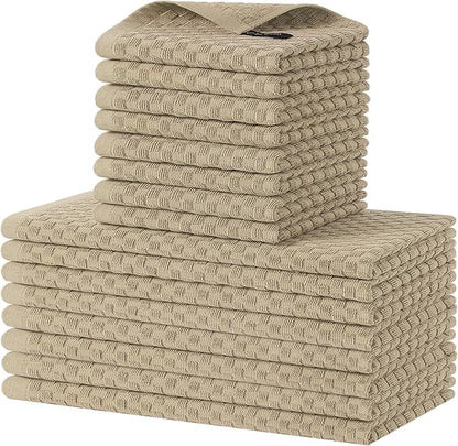 Homaxy 100% Cotton Kitchen Towels and Dishcloths Set, 12 x 12 & 15 x 25 Inches, Set of 16 Bulk Terry Cloth Dish Towels, Super Soft and Absorbent Hand Towel with Hanging Loop, Tan