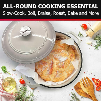MUELLER HOME 7.5 QT Enameled Cast Iron Dutch Oven, Heavy-Duty Casserole Dish and Braiser Pan with Lid and Stainless Knob, Oven-Safe up to 500° F & Across All Cooktops, Oyster White
