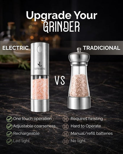 Electric Salt and Pepper Grinder Set, Rechargeable USB-C Automatic Grinder with Charging Base, LED Light, Adjustable Coarseness – Stainless Steel Pepper Mill Set (SILVER)
