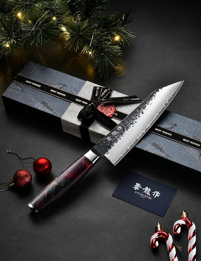 Japanese Chef Knife with VG10 Steel, 7 Inch Hand Forged Kiritsuke Knife, Sharp Kitchen Knives with 3 Layers Composite Steel, Professional Chefs Knife with Ergonomic Handle, Cooking Gifts for Men