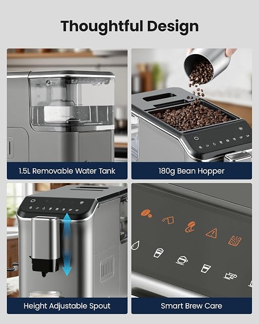Fully Automatic Espresso Machine, 20 Bar Coffee Maker with Grinder and Milk Frother, Touchscreen Automatic Coffee Machine with 15 Grind Settings, Espresso Maker for Cappuccino, Latte & Americano