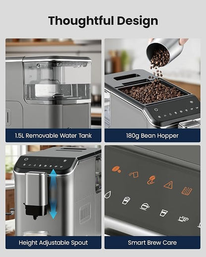 Fully Automatic Espresso Machine, 20 Bar Coffee Maker with Grinder and Milk Frother, Touchscreen Automatic Coffee Machine with 15 Grind Settings, Espresso Maker for Cappuccino, Latte & Americano