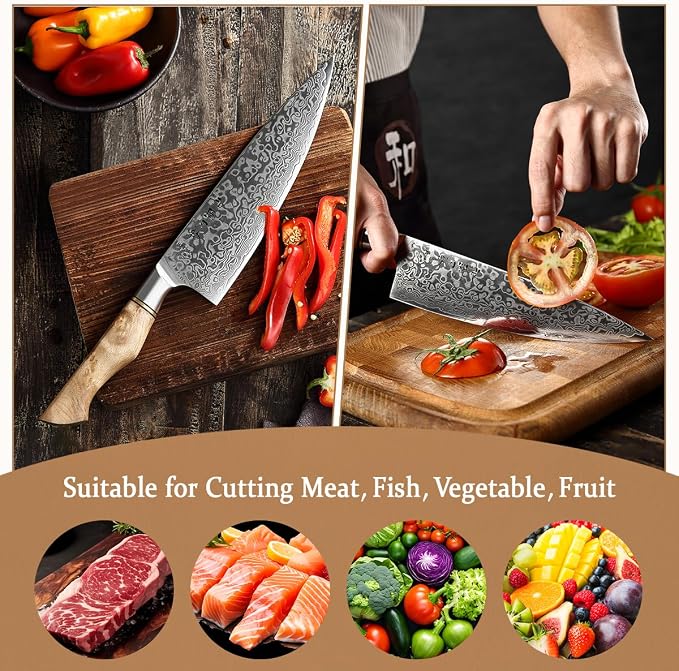 HEZHEN Damascus Chef Knife, 8.3 Inches | 67 Layers Damascus Steel, VG10 Gyuto Knife, Master Series, Figured Sycamore Wood Handle, Razor-Sharp Blade