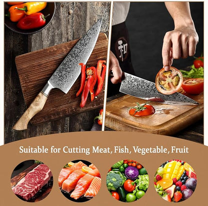 HEZHEN Damascus Chef Knife, 8.3 Inches | 67 Layers Damascus Steel, VG10 Gyuto Knife, Master Series, Figured Sycamore Wood Handle, Razor-Sharp Blade