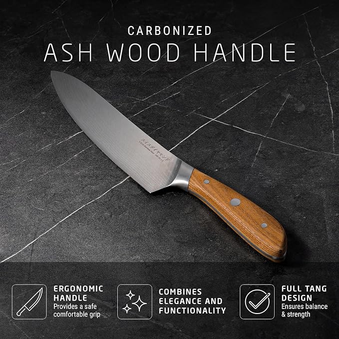 Swiss Diamond Chef Knife, German Steel with Carbonized Ash Wood, Full Tang Handle, Damascus Blade Chef Knives Professional Grade, 55+2 Rockwell Hardness, 8 Inch