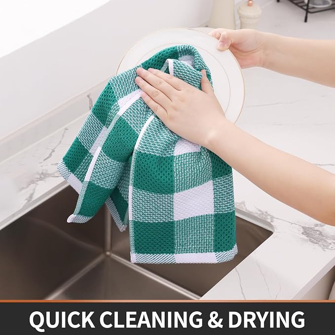Homaxy Kitchen Towels and Dishcloths Set, 12 x 12 and 13 x 28 Inches, Set of 8 100% Cotton Waffle Weave Check Plaid Kitchen Dish Towels, Super Soft and Absorbent Dish Cloths, White & Teal