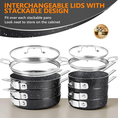 MICHELANGELO Stackable Pots and Pans Set, 10-Piece Nonstick Cookware with Stone Coatings, Space Saving - Gray
