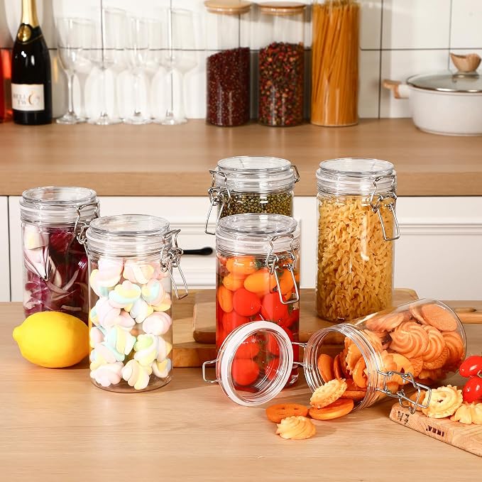Suclain 6 Pack 34oz/1000ml Plastic Jars with Lids Bulk, Clear Wide Mouth Food Storage Jars Empty Airtight Sealed Canister Kitchen Storage Container for Pantry Organize Dry Goods Cereal Pasta Pickling