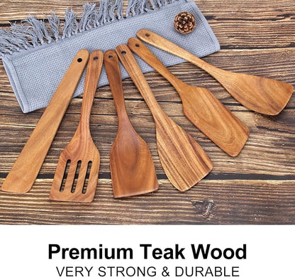 6 Pack Teak Wooden Spoons for Cooking Utensil Set Best Wood Non Toxic Spatula Slotted Turner Nonstick Bamboo Kitchen Utensils Serving Scraper Spurtle Stirrer Cooking Spoon Flat Egg Flipper Spatulas