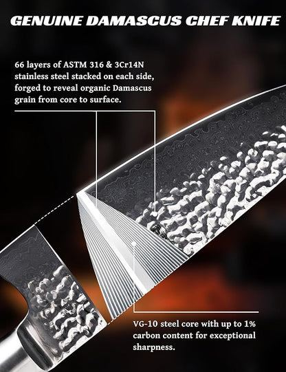 Damascus Chef Knife 8 Inch - VG-10 67-Layer Forged Steel,Lab Tested Razor-Sharp Edge and Long-lasting,Ergonomic Balance, Easy-Care Kitchen Gyuto Cutlery for Home Cooks