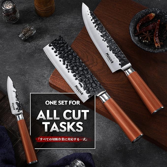 Huusk Japanese Kitchen Knife Set of 3, Professional Chef Knives Set for Kitchen, Sharp Cooking Knife Sets with Nakiri, Gyuto & Paring Knives, High Carbon Steel Sharp Cutting Knifes, Men Women Gifts