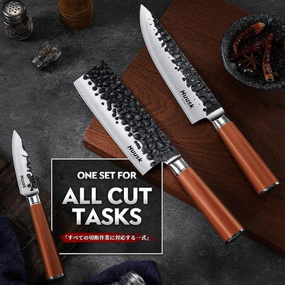 Huusk Japanese Kitchen Knife Set of 3, Professional Chef Knives Set for Kitchen, Sharp Cooking Knife Sets with Nakiri, Gyuto & Paring Knives, High Carbon Steel Sharp Cutting Knifes, Men Women Gifts