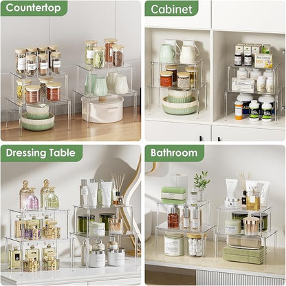 Delamu Cabinet Shelves, Clear Stackable Acrylic Storage Risers with Heavy Duty Support, Cabinet Organizer Shelf for Spices, Seasonings, Jars, Pantry, Kitchen Counter, Easy Assembly