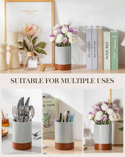 MALACASA Utensil Holder, 5.5" Ceramic Kitchen Utensil Holder for Countertop, Cooking Utensil Crock for Kitchen Counter, Farmhouse Utensil Organizer for Spatula & Spoon, Khaki Gray, Series TARA