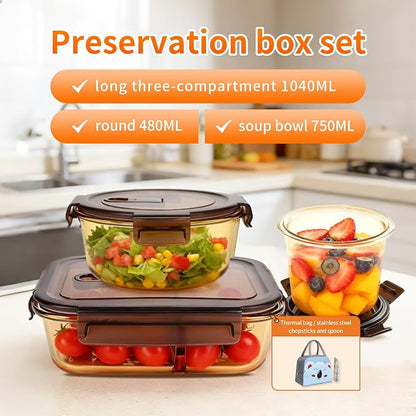 3-Piece Glass Food Storage Container Set, Microwave & Freezer Safe Lunch Containers for Kitchen Organization